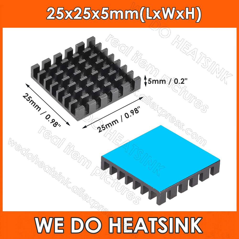 Aluminium Extrusion - 25x25x5mm Zwart koellichaam met vooraf aangebrachte